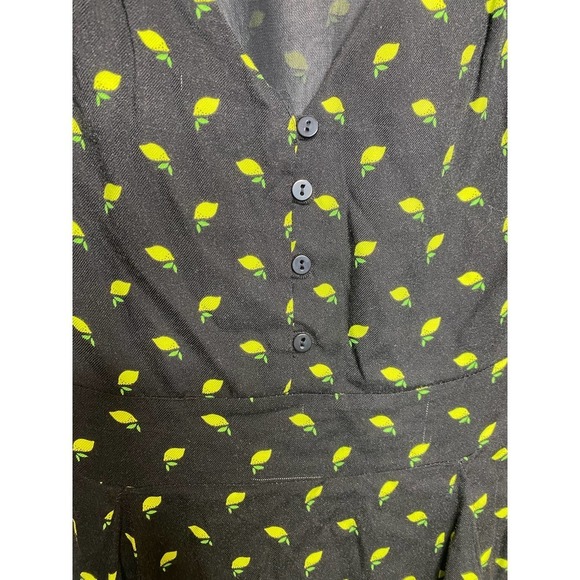 Zara Mini Dress SMALL Black Yellow Lemon Print V-Neck Short Sleeve Casual Button - Picture 3 of 5
